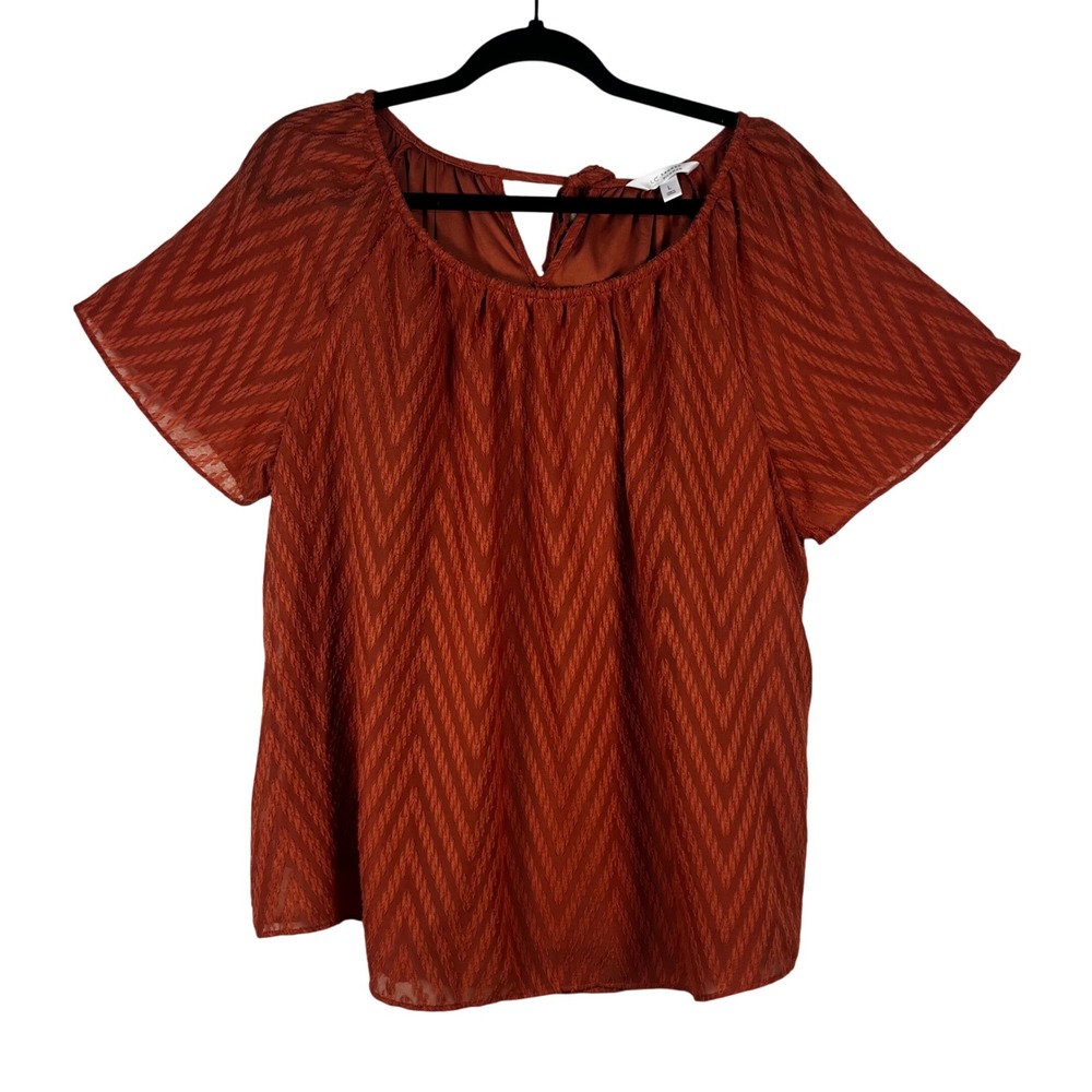 LC Lauren Conrad Blouse Short Sleeve Pullover Orange Chevron Tie Back Size Large
